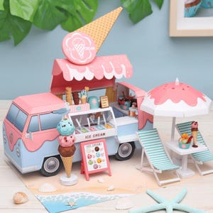 Camión de helados móvil, camión de comida, camión de café, kit de plantillas de papel para niños, miniatura, bricolaje