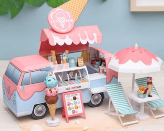 Mobile Ice Cream Van, Foodtruck, Coffee Truck, papercraft for kid template kit Miniature, DIY, pdf, printable papercraft, paper model