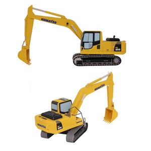 May include: Two yellow Komatsu PC200 model excavators. The excavators have black tracks, a cab, and a bucket. The Komatsu logo is visible on the arm of the excavator. The model excavators are set against a white background.
