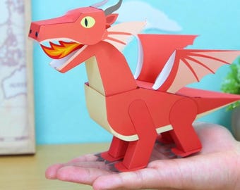 Manualidad de papel Dragón Rojo DIY para niños, kit de plantillas, juguete con movimiento, manualidad de papel imprimible, modelo de papel, pdf