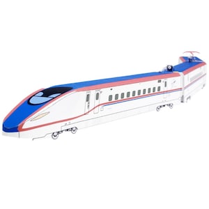 May include: A model of a Japanese bullet train in white, blue, and red. The train has a streamlined design with a blue nose, a red stripe along the roof, and multiple windows. The model has detailed wheels and is set against a white background.