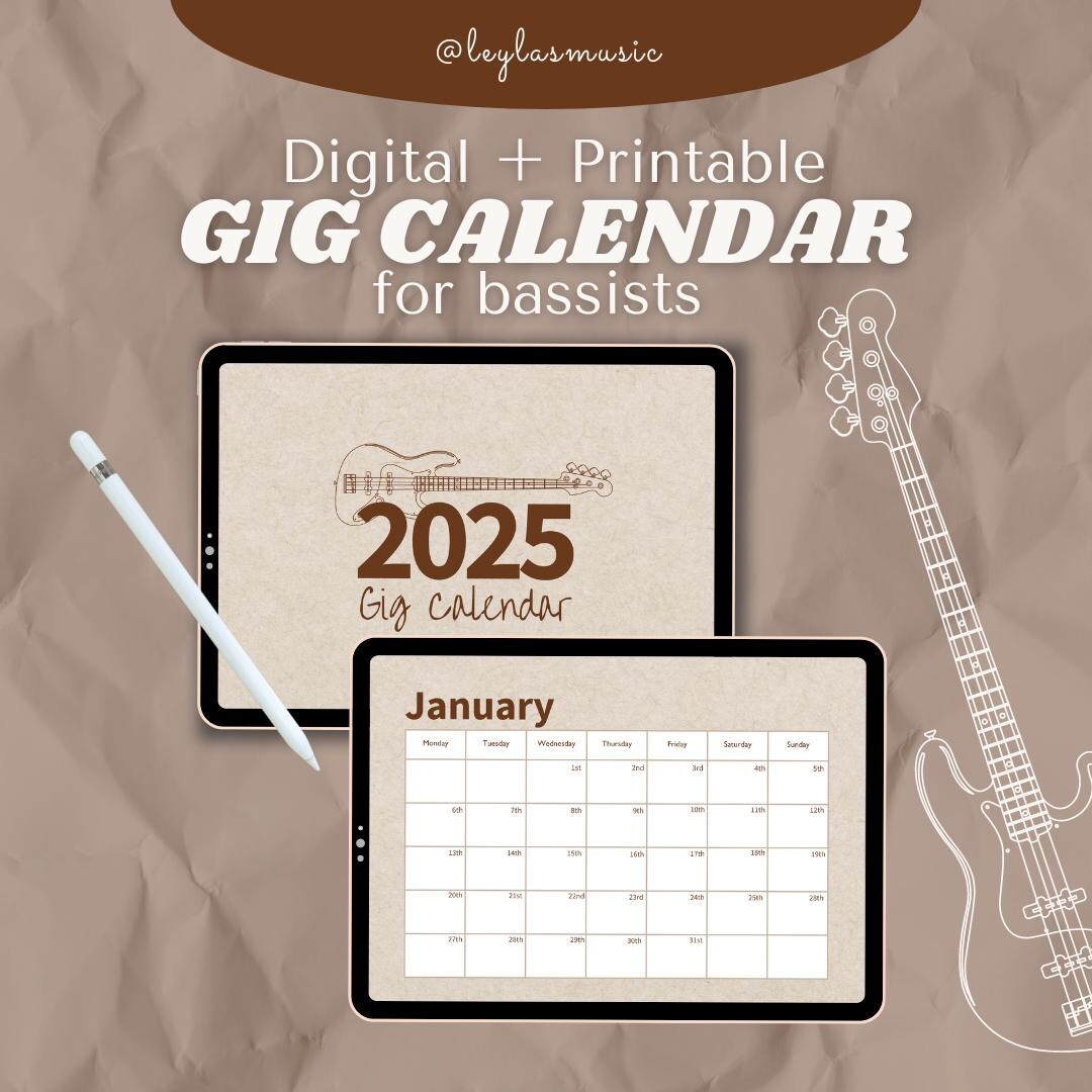 2025 Bassist Gig Calendar Fillable & Printable Monthly Planner With
