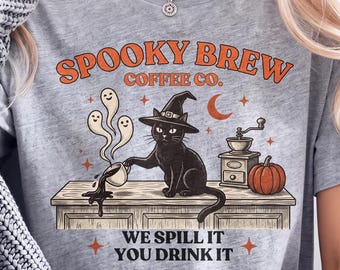 Halloween Vintage Cat Lover Shirt, Black Cat Coffee Shirt, Halloween Shirts Spooky Season, Funny Halloween Shirt 90s Halloween Pumpkin Shirt