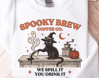 Funny Spooky Cat Coffee Sweatshirt, Halloween Cat Sweater Women Halloween Cat Shirt, Vintage Halloween Sweater, Pumpkin Season Shirt
