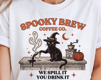 Black Cat Halloween Tshirt, Spooky Kitty Coffee Shirt, Spooky Season Tee, Vintage Cat Lover Shirt, Meme Cat Shirt, Halloween Ghost Shirt