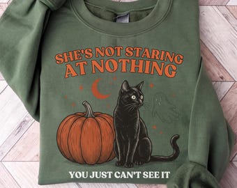 Ghost Halloween Cat Sweatshirt Vintage Halloween Sweatshirt UNISX Retro Halloween Crewneck 90S Spooky Black Cat Hoodie Cat Halloween Sweater