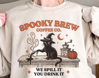 Spooky Season Sweatshirt, Halloween Cat Coffee Sweatshirt Women Vintage Cat Lover Shirt, Black Cat Halloween Women Shirt, Funny Halloween