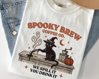 Comfort Colors® Kitty Coffee Shirt Spooky Season Tee Vintage Cat Lover Shirt Black Cat Halloween Fall TShirt Vintage Pumpkin T-Shirt