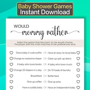 Könnte beinhalten: Ein druckbares Babyparty-Spiel mit dem Titel "Would Mommy Rather" und einer Liste von Fragen, die die Gäste beantworten können. Die Fragen drehen sich um die Vorlieben der werdenden Mutter, z. B. ob sie das Baby lieber in niedlichen Outfits anzieht oder ein Baby haben möchte, das leicht aufstoßen kann.