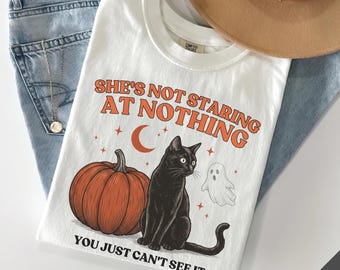 Ghost Cat Fall Shirts For Women Halloween Shirt Women, Retro Halloween Cat Pumpkin Tshirt, Meme Cats Graphic Tee, Funny Cat Ghost Shirt Men