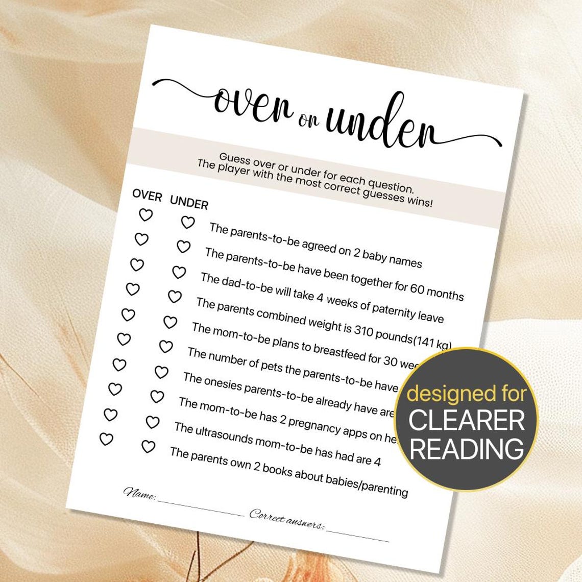 Printable Baby Shower Over or Under Baby Shower Game Printable Baby ...