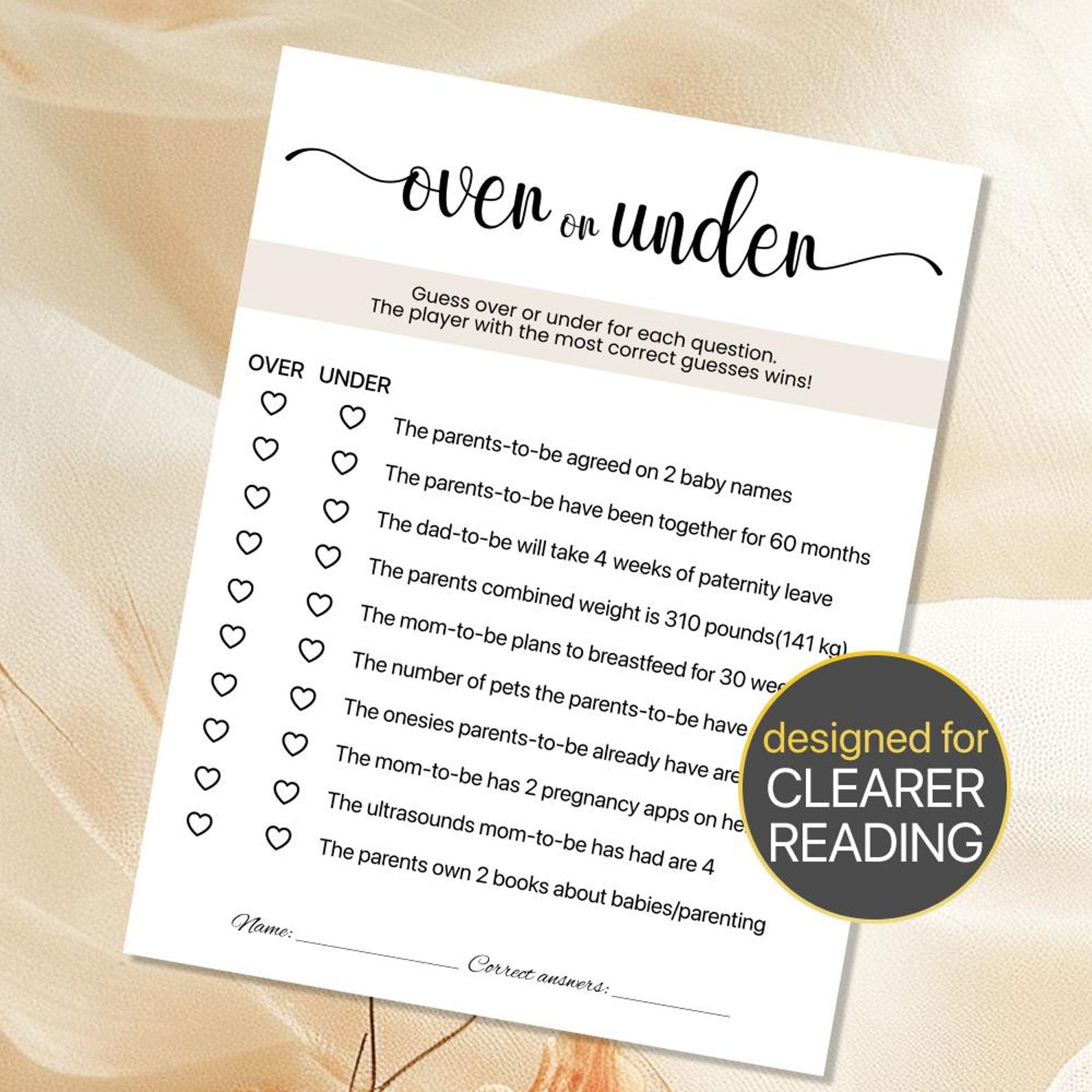 Printable Baby Shower Over or Under Baby Shower Game Printable Baby ...