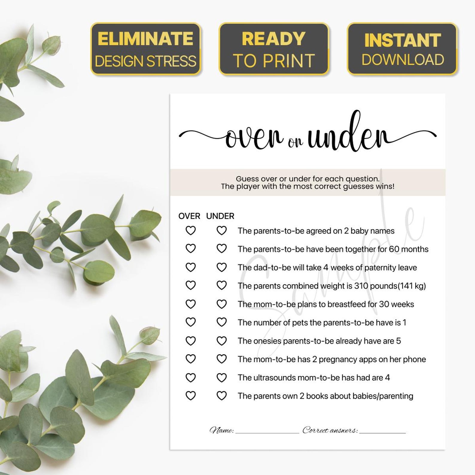 Printable Baby Shower Over or Under Baby Shower Game Printable Baby ...