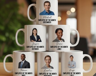 May include: Six white ceramic mugs stacked, each featuring a different person's photo and the text "EMPLOYEE OF THE MONTH" with a month. The mugs are 11oz. The people are wearing business attire. The mugs have white handles.