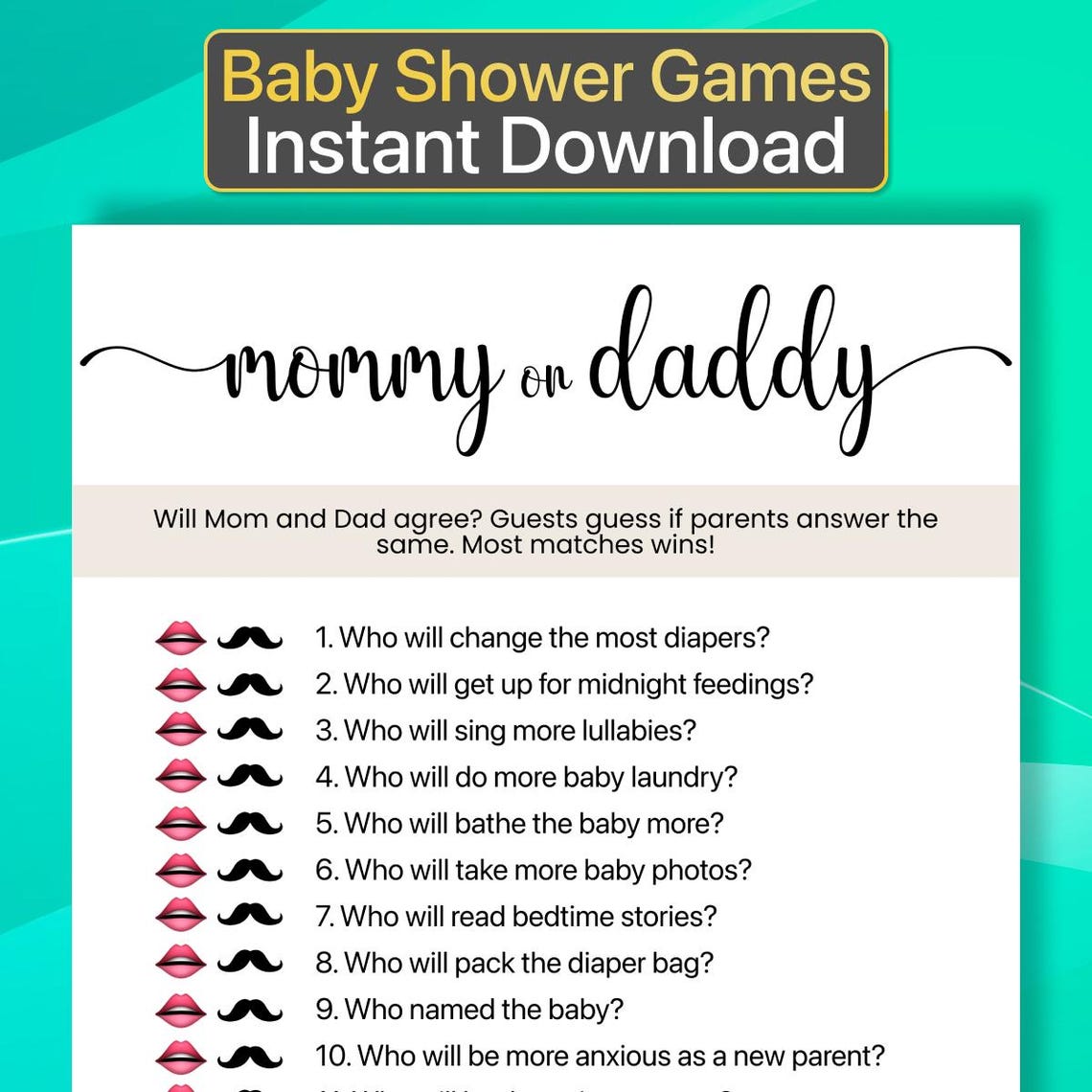 Printable Baby Shower Mommy or Daddy Game Baby Shower Game Mommy or ...