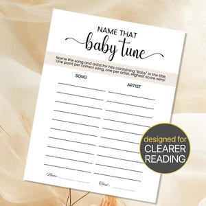 以下が含まれることがあります： 「Name That Baby Tune」というタイトルの印刷可能なゲームカード。カードには、プレイヤーがタイトルに「Baby」という単語を含む曲名とアーティスト名を書き込むための空白の行がリストされています。