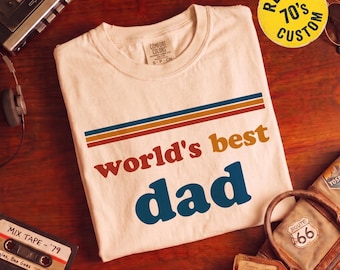 Gepersonaliseerd T-shirt in vintage stijl voor papa: retro kerstcadeau voor papa, T-shirt 's werelds beste papa in retro jaren 70-stijl, gepersonaliseerd retro verjaardagscadeau met naam voor papa