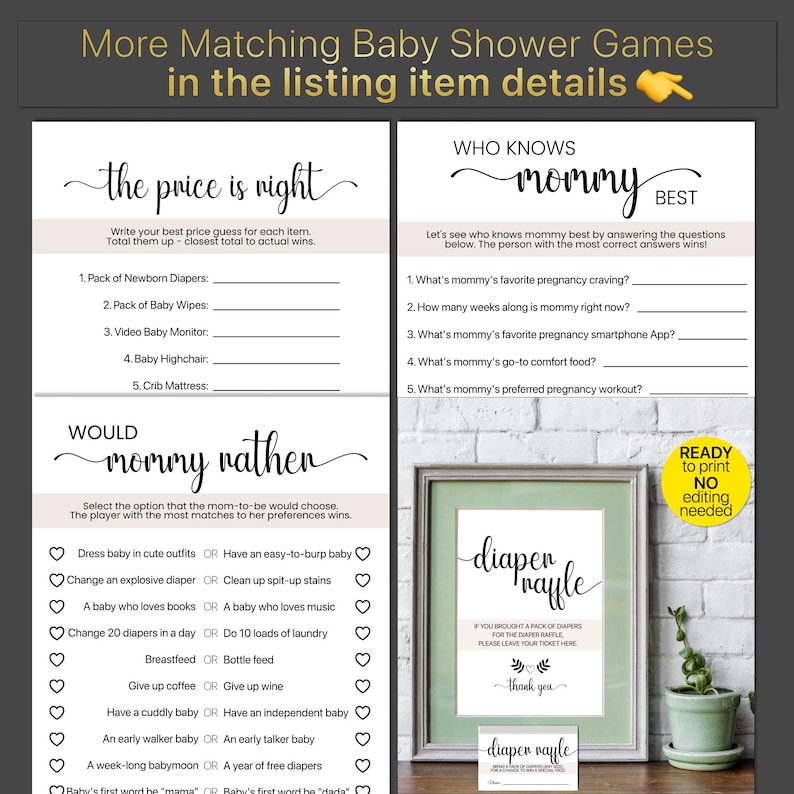May include: Two printable baby shower game cards. The first card is titled "The Price is Right" and asks guests to guess the price of baby items. The second card is titled "Who Knows Mommy Best?" and asks guests questions about the mother-to-be.