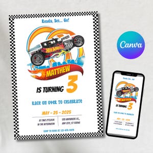 Faire-part d'anniversaire modifiable Hot Wheels, invitation d'anniversaire de voitures de course chaudes, carte d'anniversaire de garçons, modèle d'invitation à une fête, modèle de toile