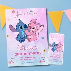 Invito di compleanno a tema Stitch e Angelo, invito stampabile per la festa di compleanno di Stitch, invito digitale per la festa, download immediato, invito per la festa delle ragazze