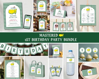 Golf First Birthday Party Bundle, Mastered 1st Year Birthday Bundle, Editable Hole In One Boy Birthday Invitation and Decor, Canva Template