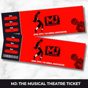 Ingresso surpresa para o musical MJ, presente surpresa editável, shows no West End, lembrança para impressão do musical MJ, Michael Jackson