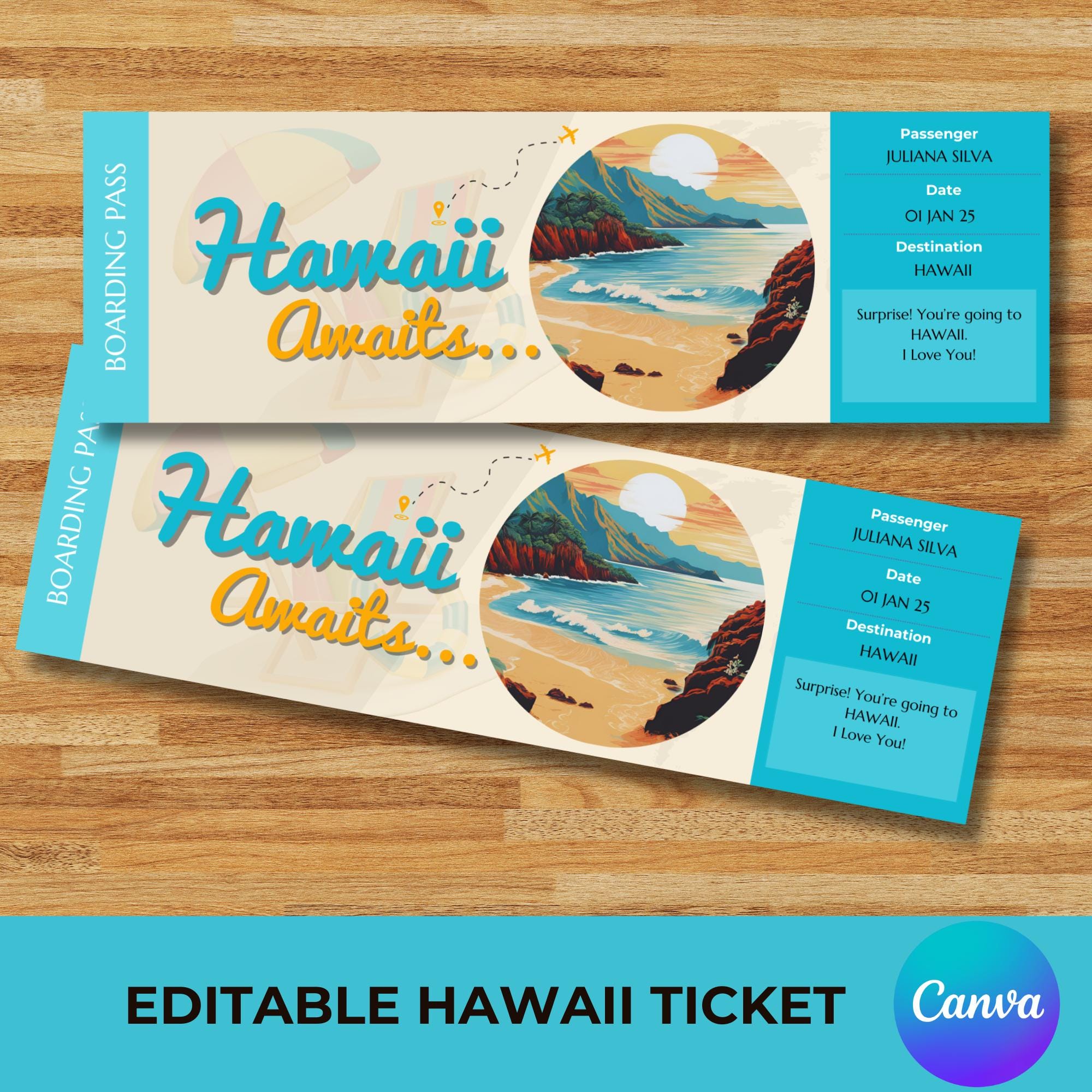 Bearbeitbarer Hawaii-Bordpass, Sie gehen nach Hawaii, druckbares Hawaii-Eintrittsgeschenk, Überraschungsurlaubsticket, Sofort-Download