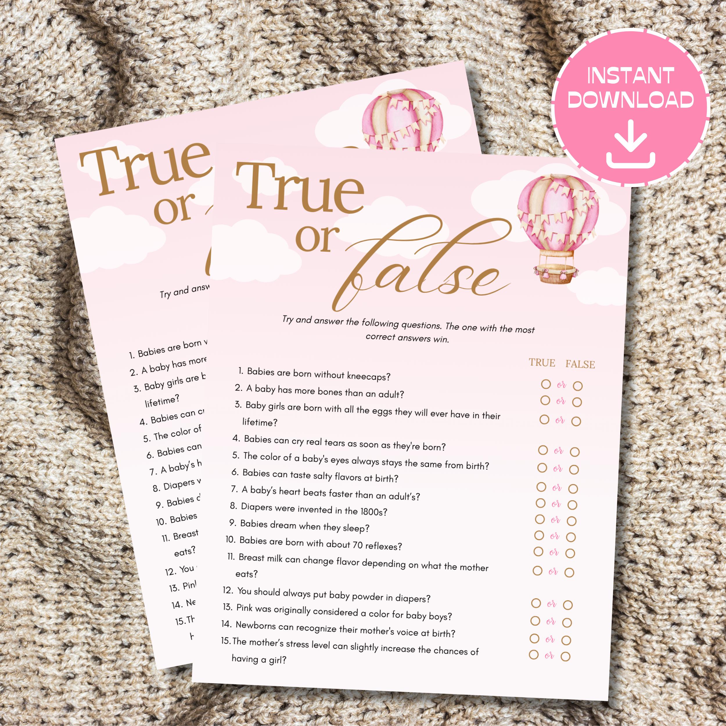 Baby Shower Game True or False, Baby Shower Trivia Questions,Printable Baby Shower Trivia Games,Oh Baby True or False,Pink Baby Shower Theme