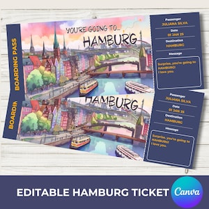 Tarjeta de embarque editable para Hamburgo, Alemania / Vas a Hamburgo / Billete de regalo imprimible / Billete de vacaciones sorpresa / Descarga instantánea