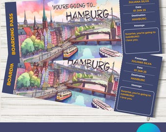 Bearbeitbarer Hamburg, Deutschland Bordpass | Du fährst nach Hamburg | Printable Ticket Geschenk | Überraschungs Urlaubskarte | Sofort Download