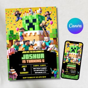 Faire-part d'anniversaire Minecraft, invitation de fête de joueur modifiable, faire-part pour garçons, thème pixel, modèle de toile numérique, téléchargement immédiat