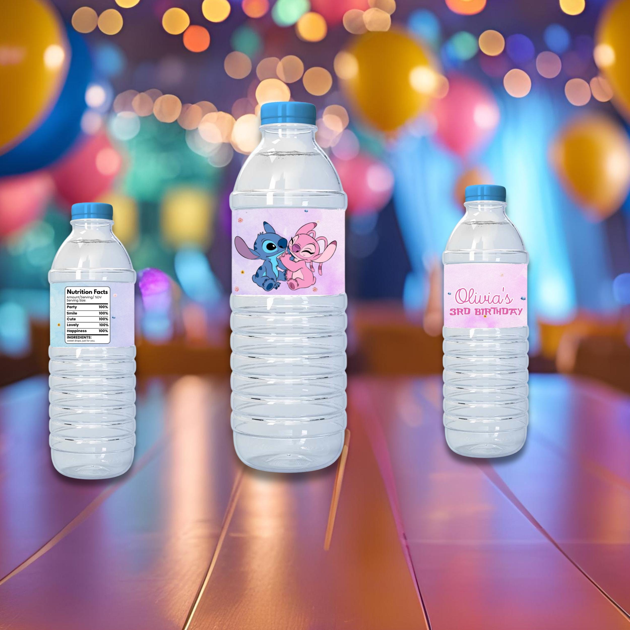 Stitch and Angel Birthday Water Bottle Labels, Stitch and Angel Theme, Printable Stitch Party Favors, Digital Download, Canva Template