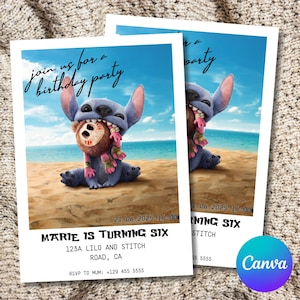 Convite minimalista para festa de Lilo e Stitch, convite personalizado para festa de aniversário, convite para menino e menina, para impressão no Canva, download instantâneo