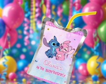 Editable Stitch and Angel Caprisun label, DIY Birthday Capri Sun Labels, Custom Party Capri Suns, Juice Pouch Labels, Printable Labels