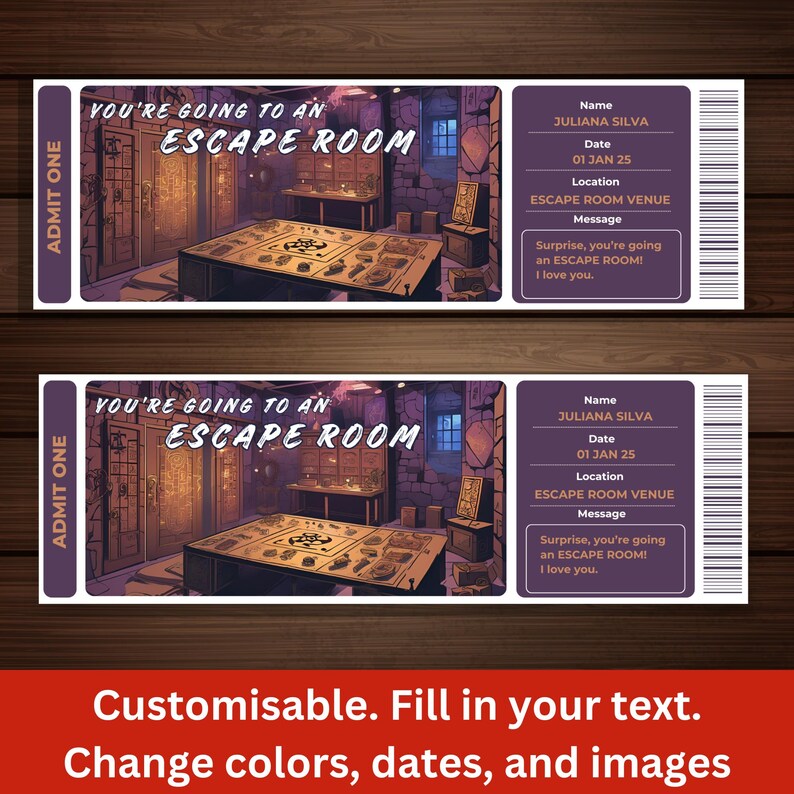 Ticket Bottom Editable Escape Room Ticket Template: Surprise Gift (instant Download ...