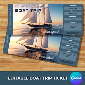 Biglietto modificabile per gita in barca, buono regalo a sorpresa per gita in barca, carta d'imbarco personalizzata per tour in barca sul fiume, modello Canva, download immediato