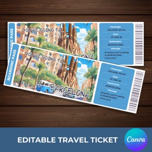 Printable Barcelona Boarding Pass, You're going to Barcelona, Editable Barcelona Ticket Gift, Surprise Vacation Ticket, Instant Download