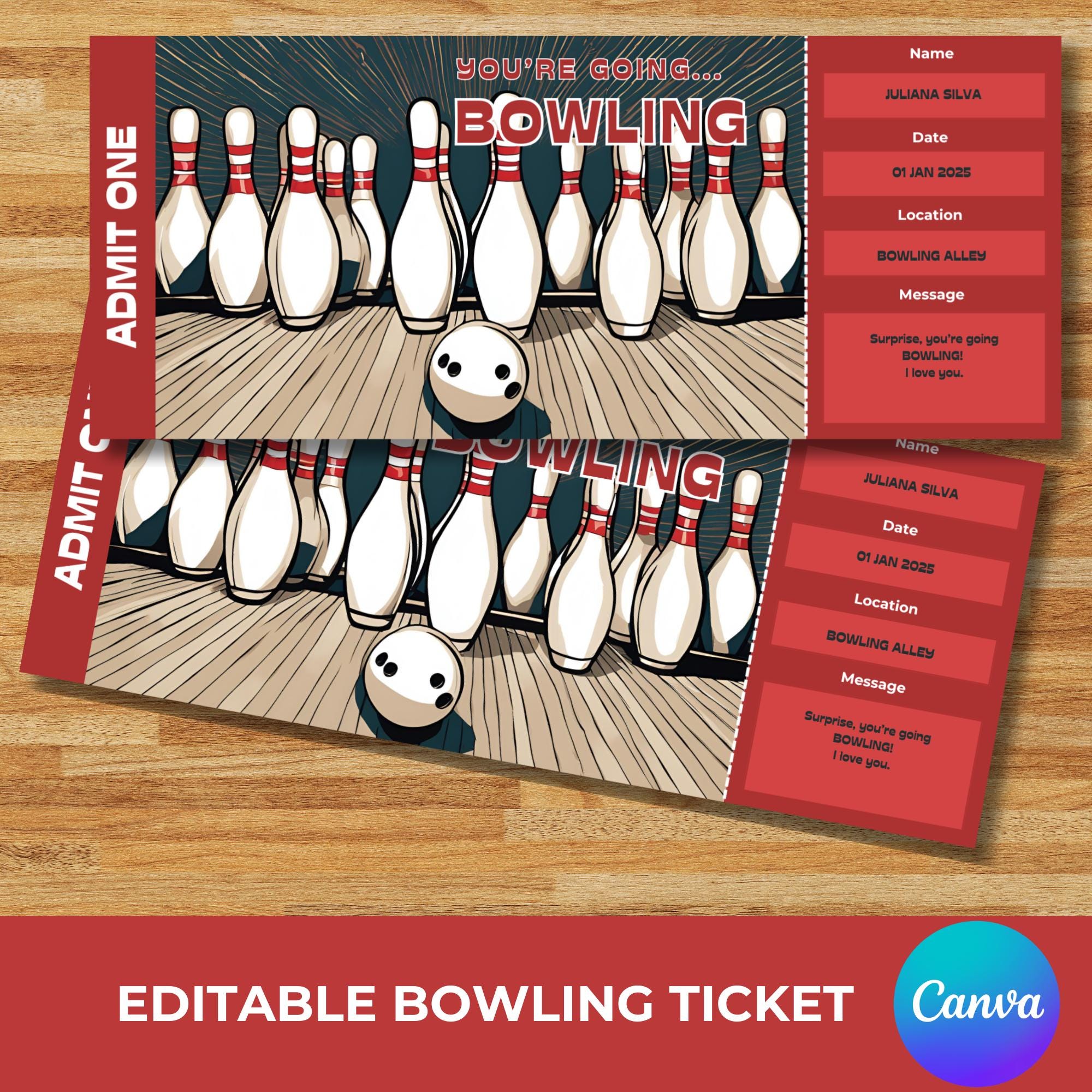 Printable Bowling Ticket Gift Voucher: Editable Party Invite (Digital Download)