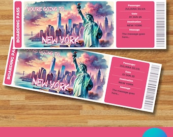 Editable New York Boarding Pass, You&#39;re going to New York, Printable New York Ticket Gift, NYC Surprise Vacation Ticket, Instant Download