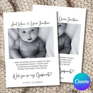 Modèle de carte de proposition Serez-vous mes parrains et marraines, carte de proposition photo imprimable pour parrain et marraine, proposition de baptême moderne modifiable, modèle de toile