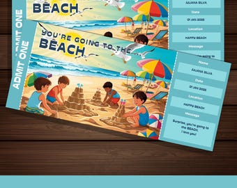Surprise Beach Trip Ticket: Vacation Reveal, Printable Canva Template (Instant Download)