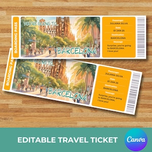 Editable Barcelona Boarding Pass, You're going to Barcelona, Printable Barcelona Ticket Gift, Surprise Vacation Ticket, Instant Download