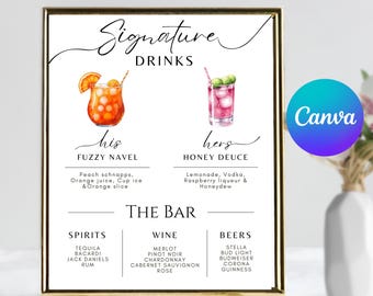 Signature Drink Wedding Sign: His & Hers Cocktails, Editable Canva Template (Digital Download