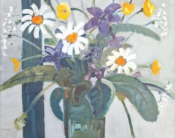 Natura morta floreale originale – Olio su tela – Firmata – Fiori espressionisti – Dipinto vintage – 65 x 50 cm