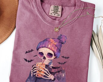 Komfortfarben Skelett-Shirt: Gruseliges Halloween-Kürbis-T-Shirt