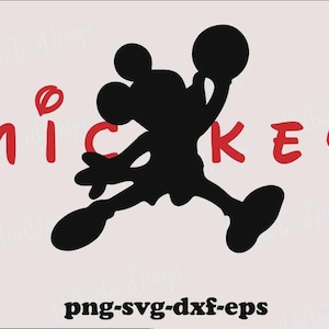 May include: A black silhouette of a cartoon mouse character jumping while holding a basketball, positioned between the red letters of the word MICKEY. The text png-svg-dxf-eps appears in black at the bottom of the graphic design.