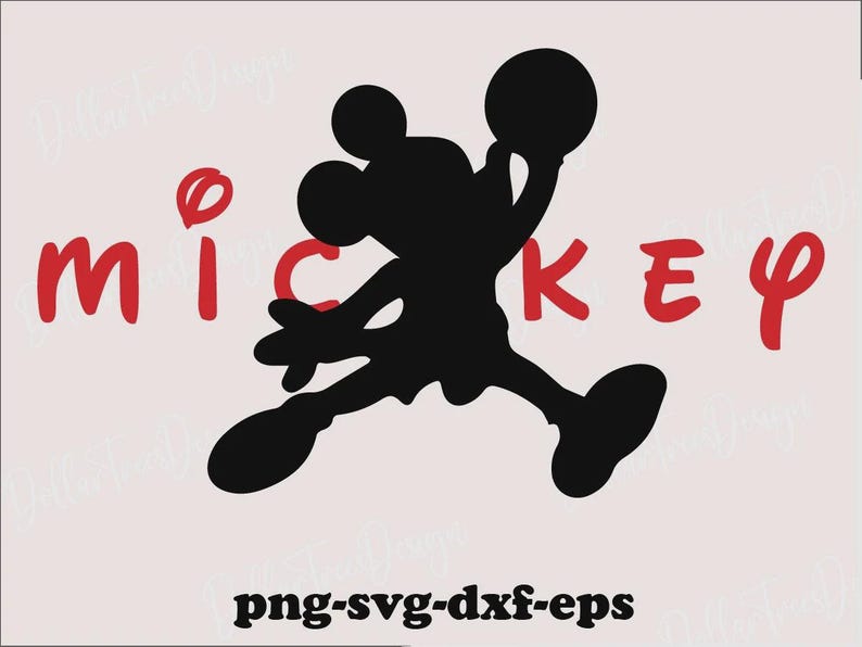 May include: A black silhouette of a cartoon mouse character jumping while holding a basketball, positioned between the red letters of the word MICKEY. The text png-svg-dxf-eps appears in black at the bottom of the graphic design.