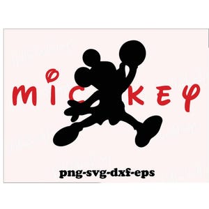 May include: A black silhouette of a cartoon mouse character jumping while holding a ball, positioned in the centre of the red text MICKEY. The text png-svg-dxf-eps is printed in black at the bottom of the graphic design on a light background.