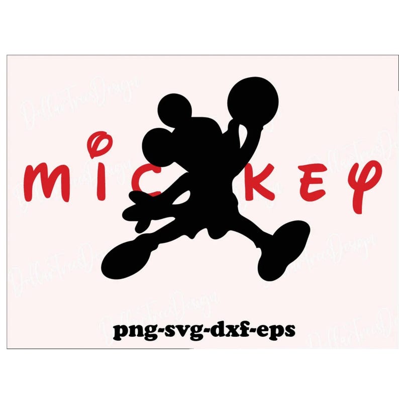 May include: A black silhouette of a cartoon mouse character jumping while holding a ball, positioned in the centre of the red text MICKEY. The text png-svg-dxf-eps is printed in black at the bottom of the graphic design on a light background.
