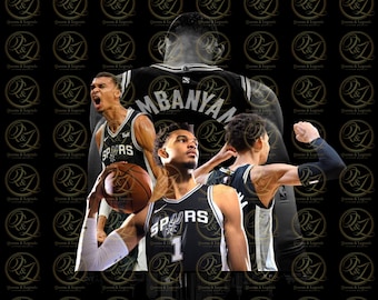 May include: Three basketball players wearing black and white San Antonio Spurs jerseys. The player in the center is wearing jersey number 1 and has the name "MBANYAN" on the back. The player on the left is holding a basketball.
